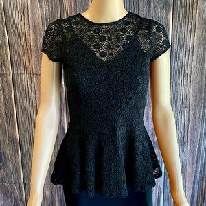 Miguelina size small black floral lace silk peplum top blouse